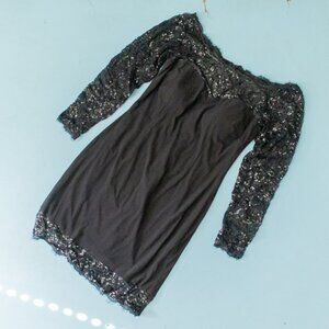 Betsy & Adam Black Sequin Lace Long Sleeve Off Shoulder Sheath Dress Size 14